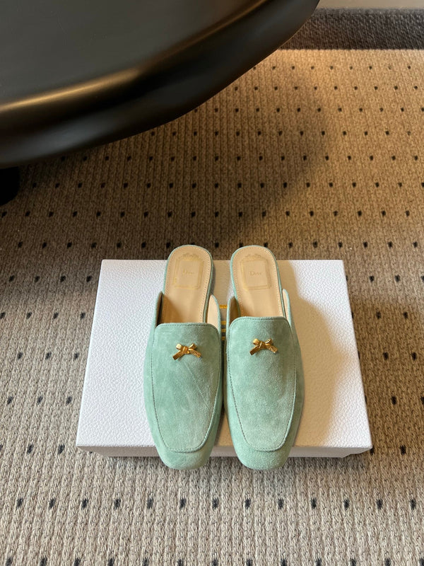 CD Baby Bow Mules Gold Bow Mint Green Suede 858671