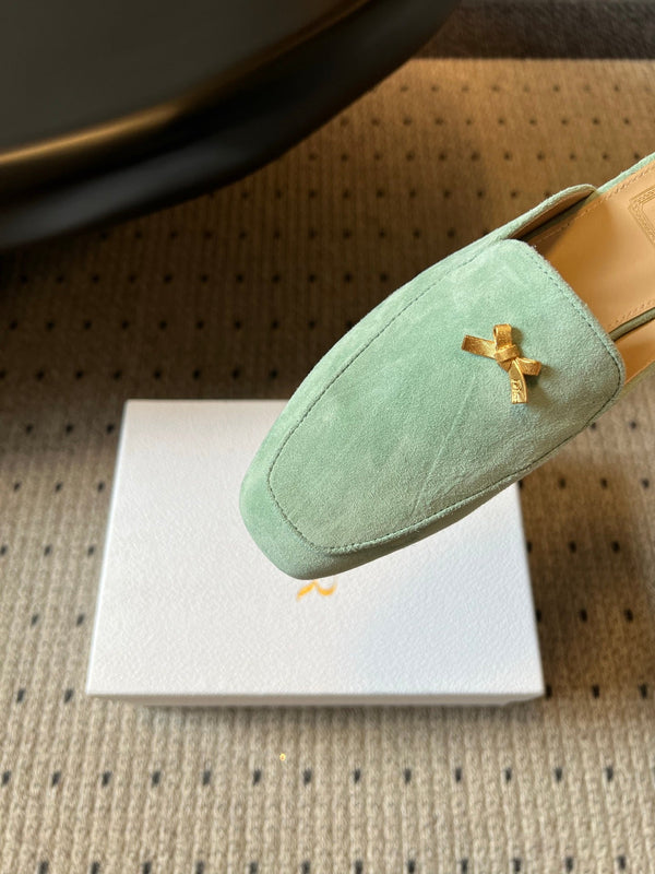 CD Baby Bow Mules Gold Bow Mint Green Suede 858671
