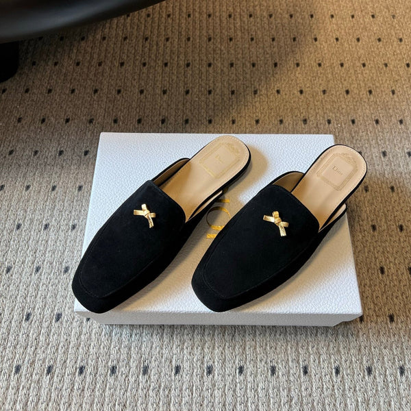 CD Baby Bow Mules Gold Bow Black Suede 858667