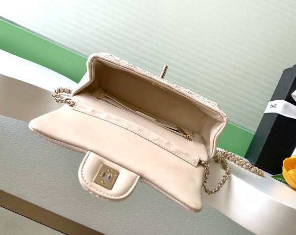 CC 26P Crochet Flap Bag Chain Strap 21cm White Tweed 292264
