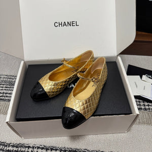 CC 25SS Mary Jane Quilted Gold Black Metallic Lambskin Leather 862425
