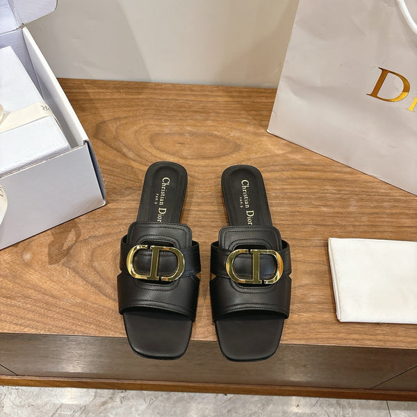 CD Montaigne Slides Buckle Black Calfskin Leather 862374