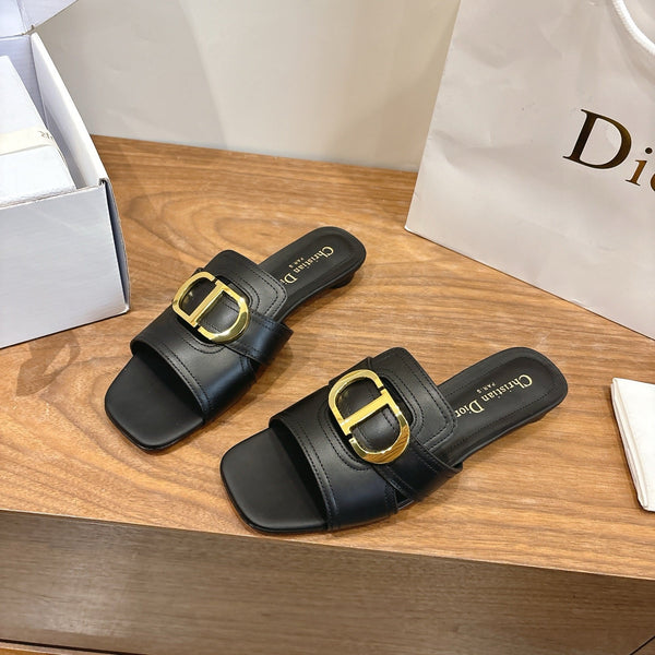 CD Montaigne Slides Buckle Black Calfskin Leather 862374