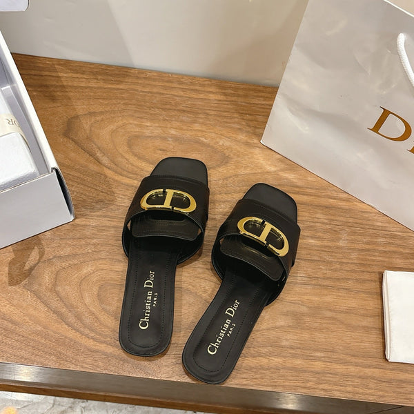 CD Montaigne Slides Buckle Black Calfskin Leather 862374