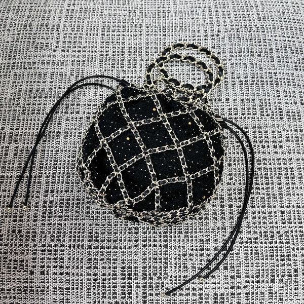 CC 21PF Chain Link Net Bag Drawstring Black Tweed Lambskin & Chain
