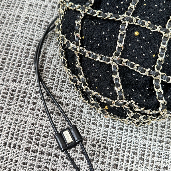 CC 21PF Chain Link Net Bag Drawstring Black Tweed Lambskin & Chain