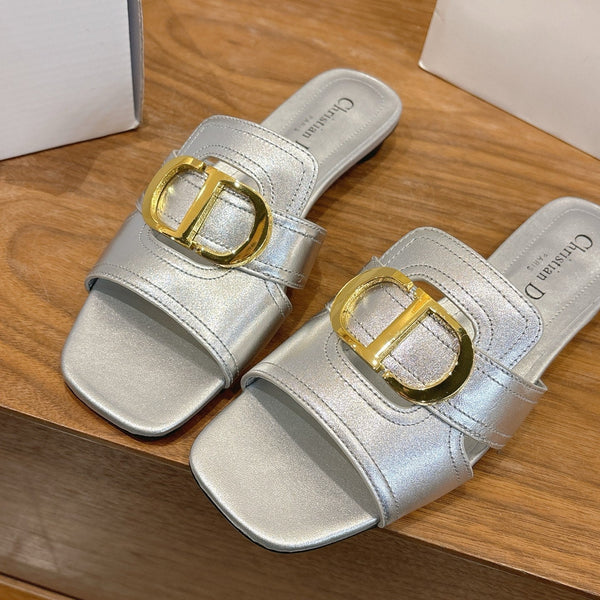 CD Montaigne Slides Buckle Silver Metallic Calfskin Leather 862373
