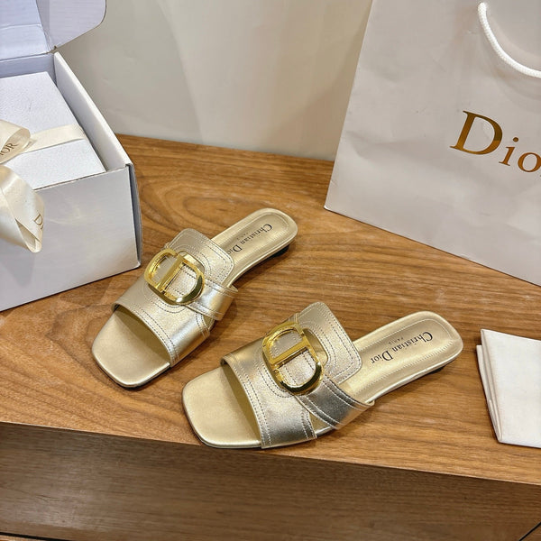 CD Montaigne Slides Buckle Gold Metallic Calfskin Leather 862372