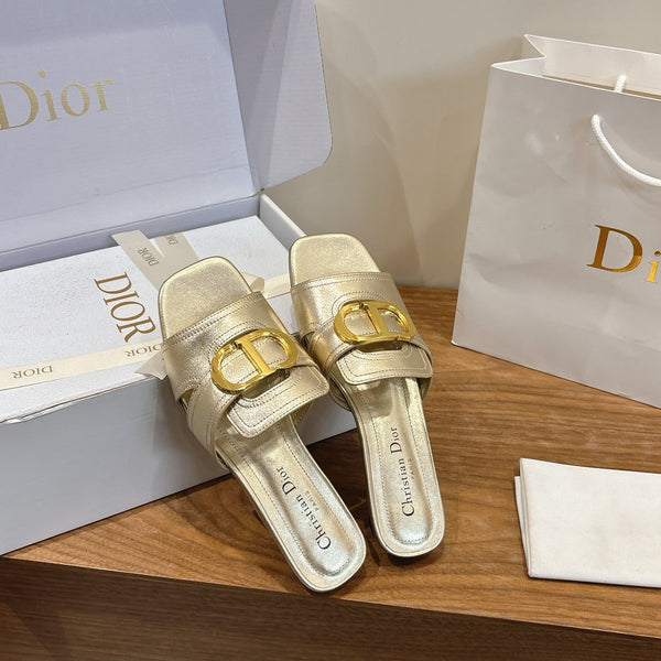 CD Montaigne Slides Buckle Gold Metallic Calfskin Leather 862372
