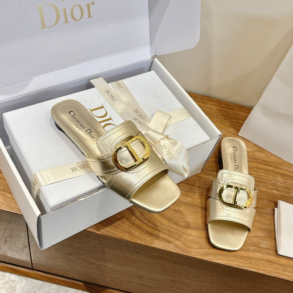 CD Montaigne Slides Buckle Gold Metallic Calfskin Leather 862372