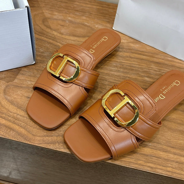 CD Montaigne Slides Buckle Camel Calfskin Leather 862370