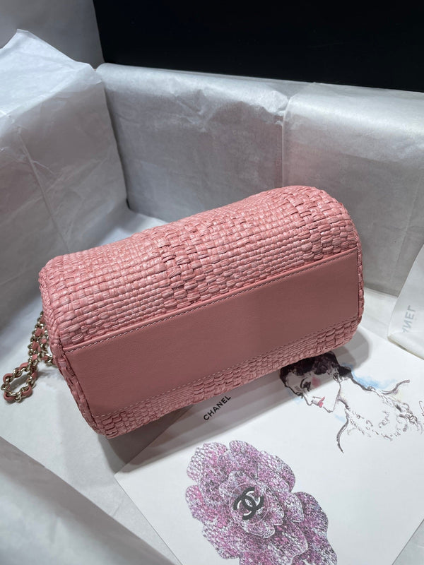CC Bowling Bag Chain Strap 18.5cm Pink Braided Raffia & Lambskin 292139