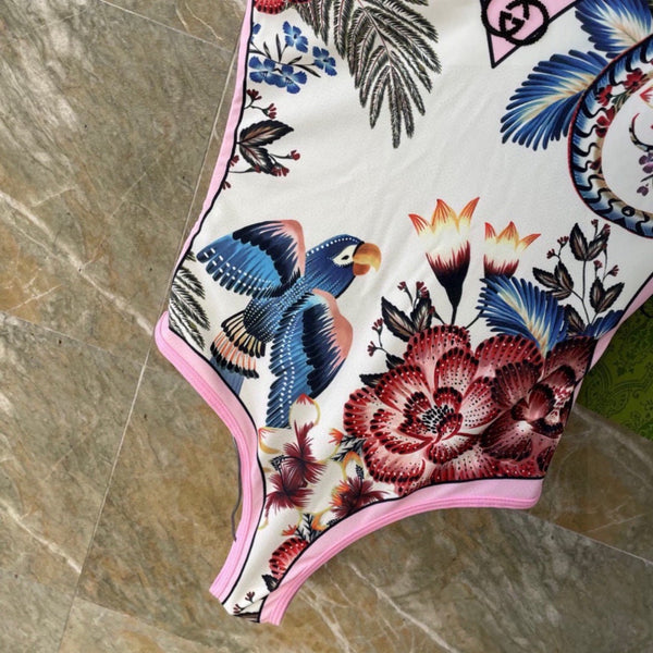 GG Floral & Bird Print Swimsuit and Sarong Set Cream Pink 330761