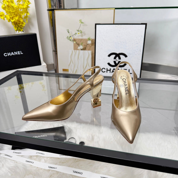 CC Pointed Toe Slingback Pumps 9cm Gold Metallic Patent Cowhide 872876