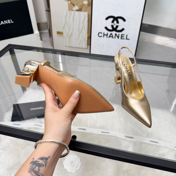 CC Pointed Toe Slingback Pumps 9cm Gold Metallic Patent Cowhide 872876