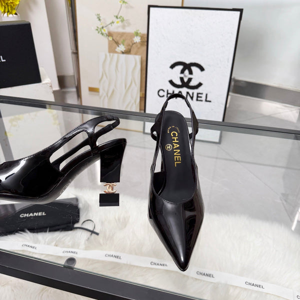 CC Pointed Toe Slingback Pumps 9cm Black Patent Cowhide 872875