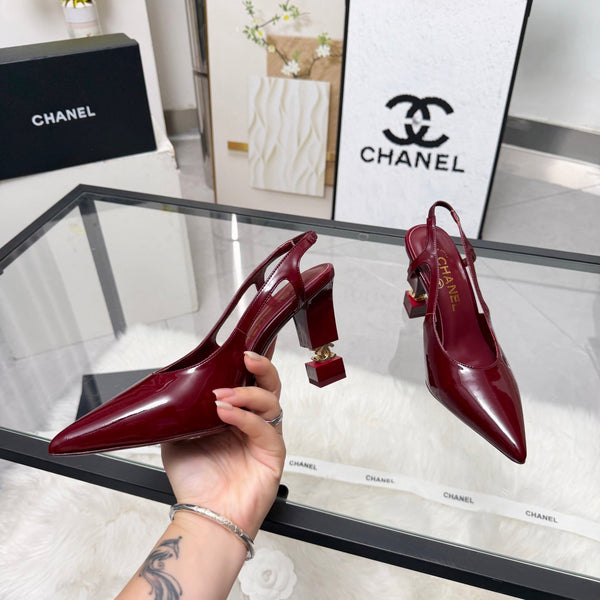 CC Pointed Toe Slingback Pumps 9cm Burgundy Patent Cowhide 872874
