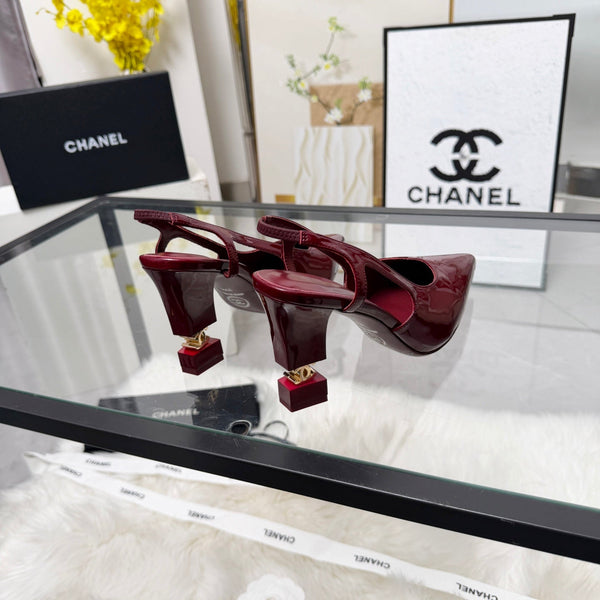 CC Pointed Toe Slingback Pumps 9cm Burgundy Patent Cowhide 872874