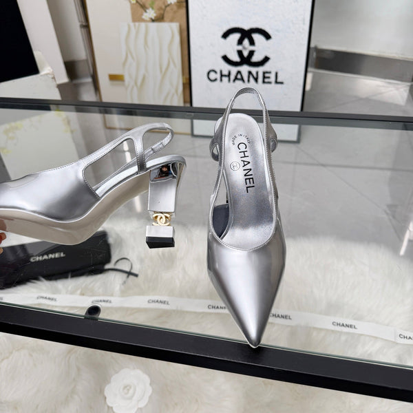 CC Pointed Toe Slingback Pumps 9cm Silver Patent Cowhide 872873