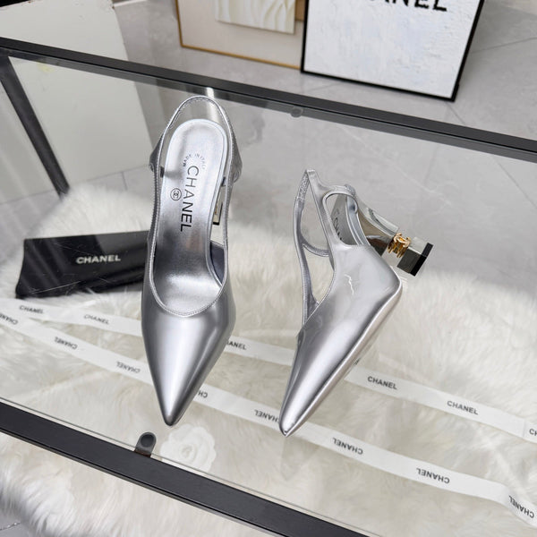 CC Pointed Toe Slingback Pumps 9cm Silver Patent Cowhide 872873