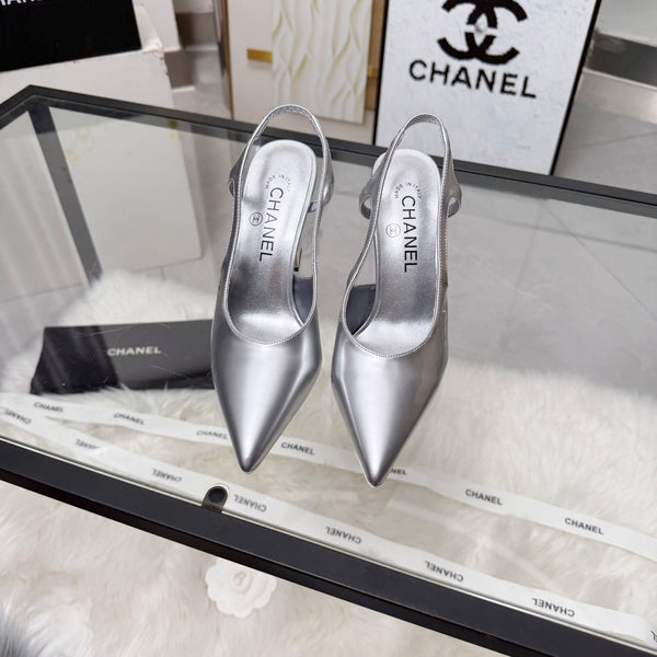 CC Pointed Toe Slingback Pumps 9cm Silver Patent Cowhide 872873