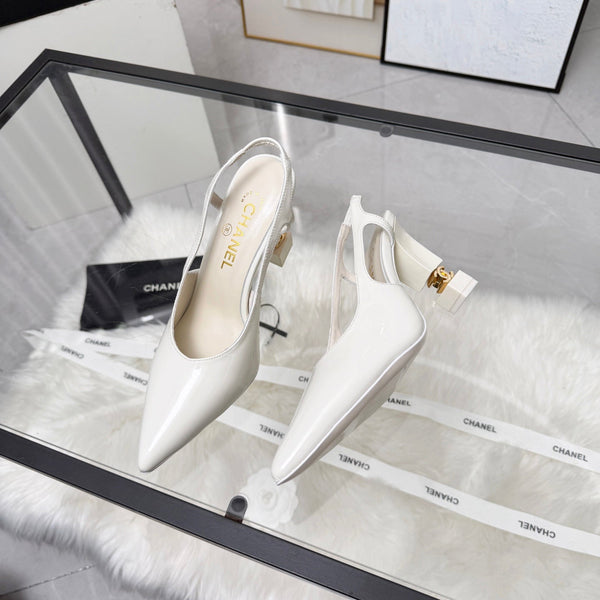 CC Pointed Toe Slingback Pumps 9cm White Patent Cowhide 872871