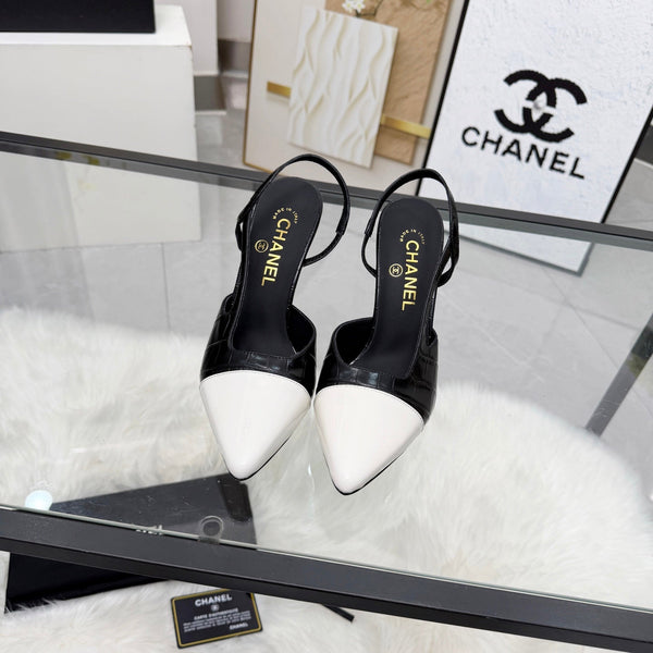 CC Crocodile-Embossed Slingback Pumps Black Cowhide Leather 873844
