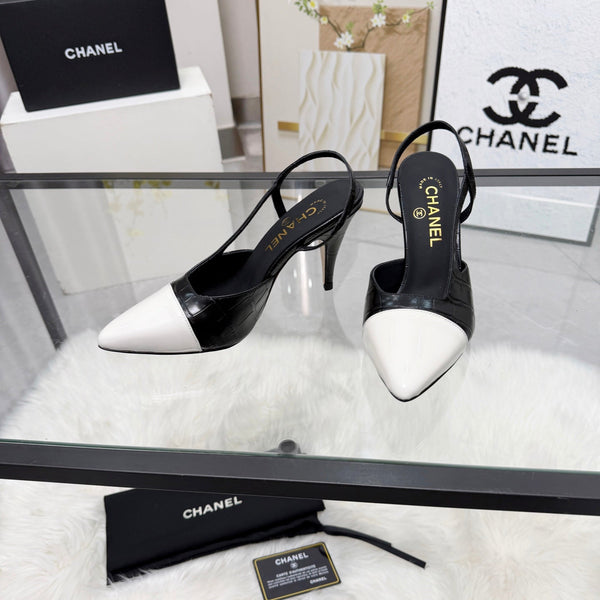 CC Crocodile-Embossed Slingback Pumps Black Cowhide Leather 873844