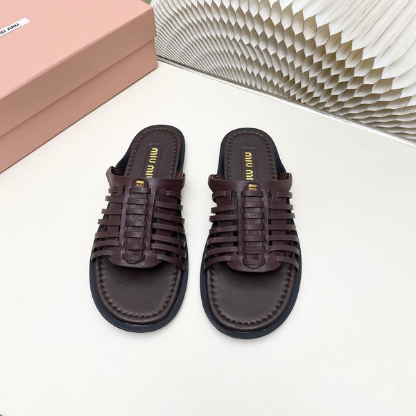 Miu Briarwood Slides Chocolate Cowhide Leather 881414