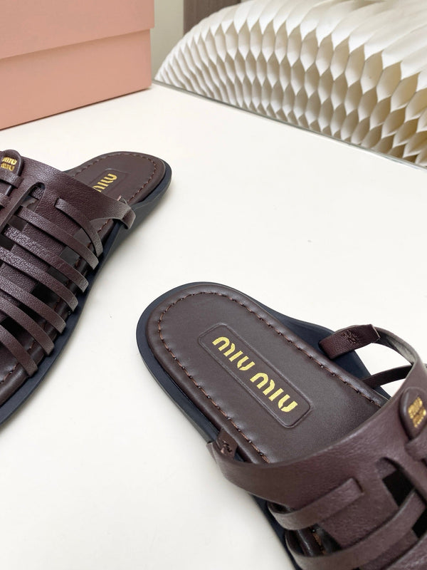 Miu Briarwood Slides Chocolate Cowhide Leather 881414
