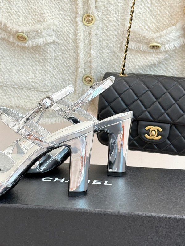 CC 26A Strappy Stiletto Sandals Silver Patent Leather 878665