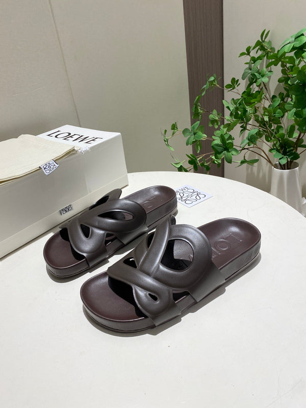 Loew Ease Monogram Slides Chocolate Lambskin Leather 881377