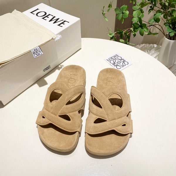Loew Ease Monogram Slides Beige Suede Leather 881375