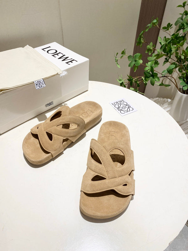 Loew Ease Monogram Slides Beige Suede Leather 881375