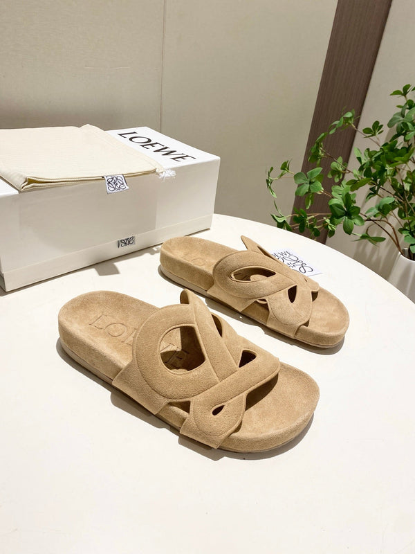 Loew Ease Monogram Slides Beige Suede Leather 881375