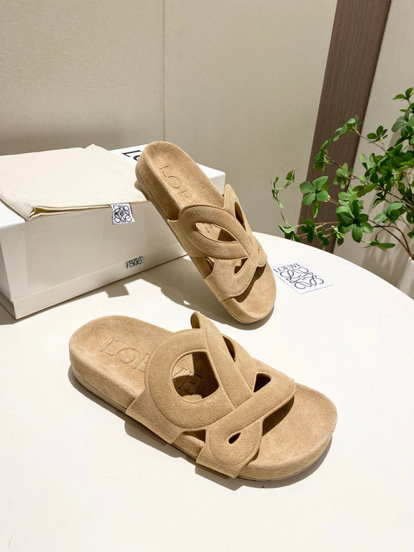 Loew Ease Monogram Slides Beige Suede Leather 881375
