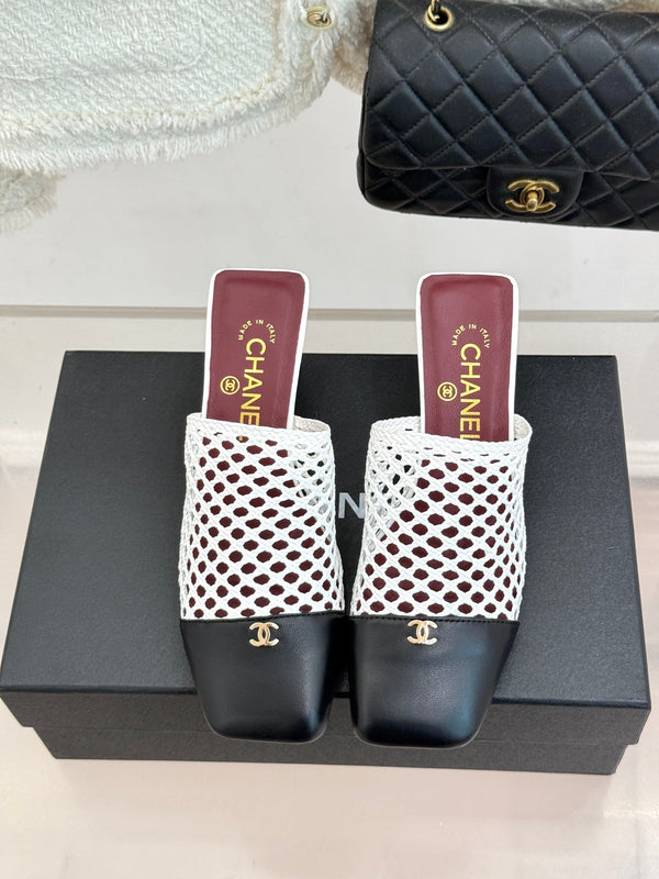 CC Woven Square-Toe Mules White Black Leather 887976
