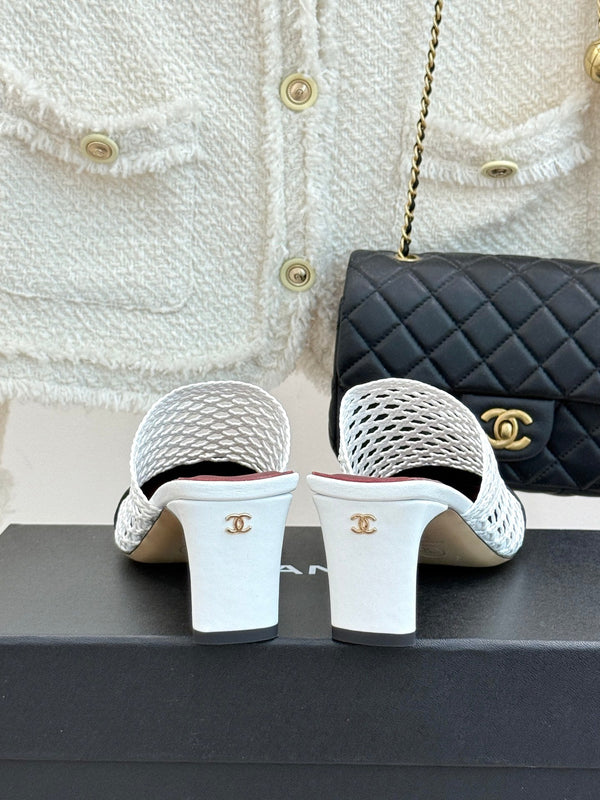 CC Woven Square-Toe Mules White Black Leather 887976