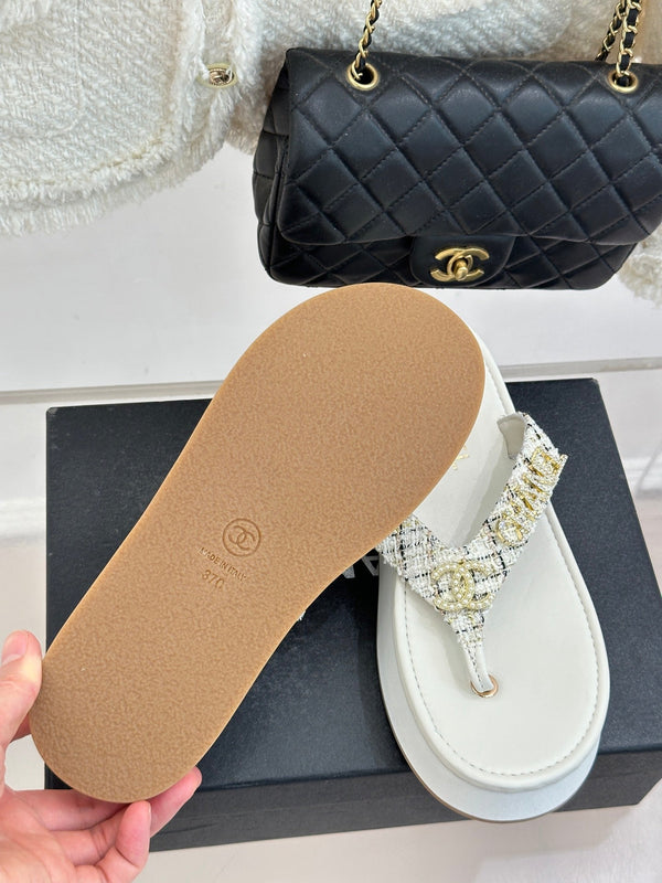 CC Crystal Logo Platform Thong Sandals White Tweed 887787