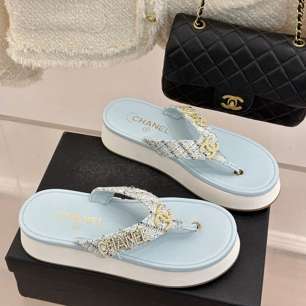 CC Crystal Logo Platform Thong Sandals Blue Tweed 887782