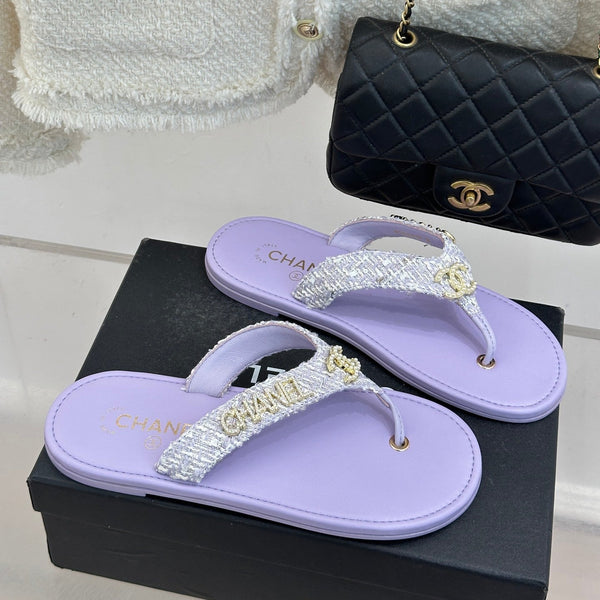 CC Crystal Logo Platform Thong Sandals Flat Purple Tweed 887776
