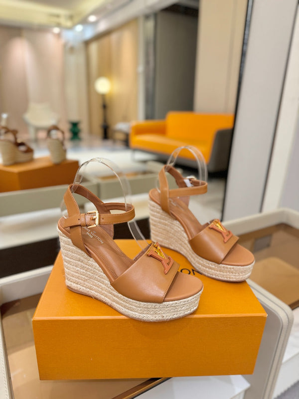 LV Platform Espadrille Wedge Sandals Tan Brown Cowhide Leather 888648