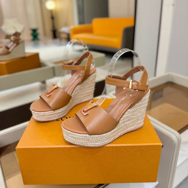 LV Platform Espadrille Wedge Sandals Tan Brown Cowhide Leather 888648