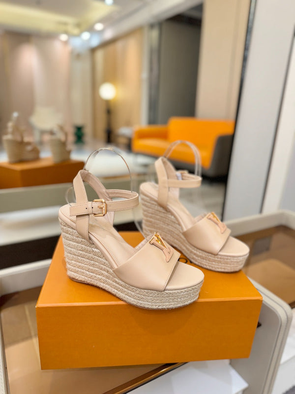 LV Platform Espadrille Wedge Sandals Beige Cowhide Leather 888649