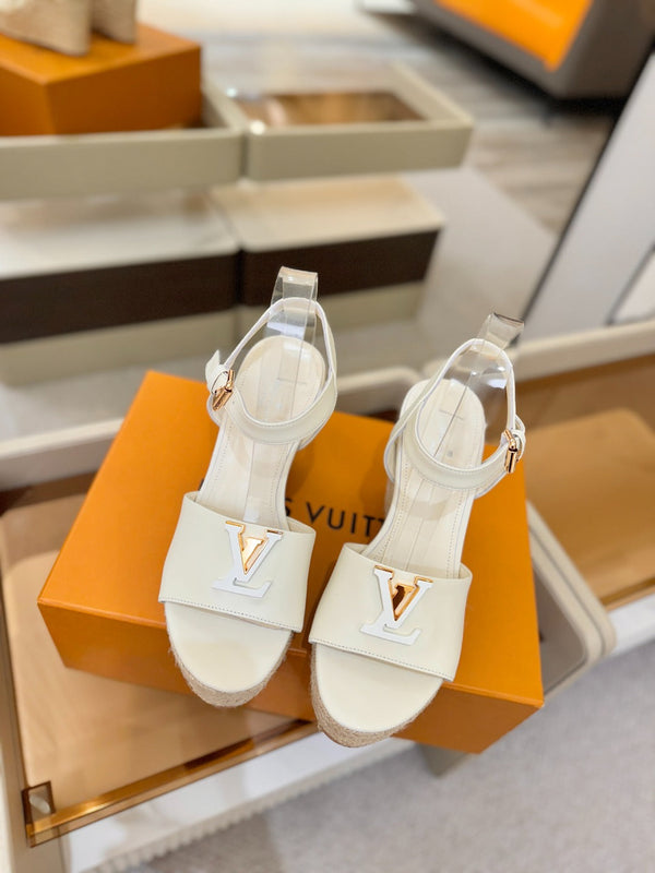 LV Platform Espadrille Wedge Sandals White Cowhide Leather 888647