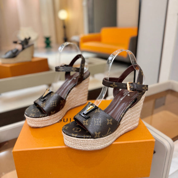 LV Starboard Wedge Sandals Brown Monogram Leather 888646