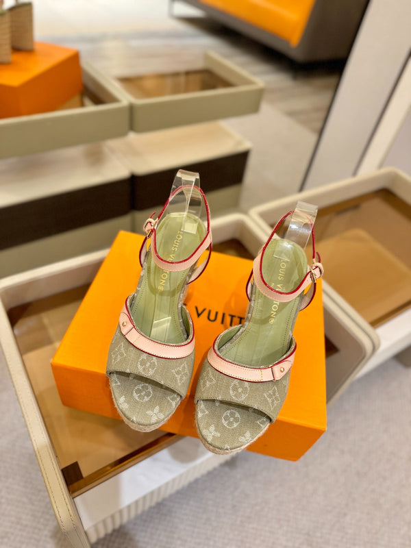 LV Helios Wedge Sandals Olive Green Monogram Denim & Leather 888645
