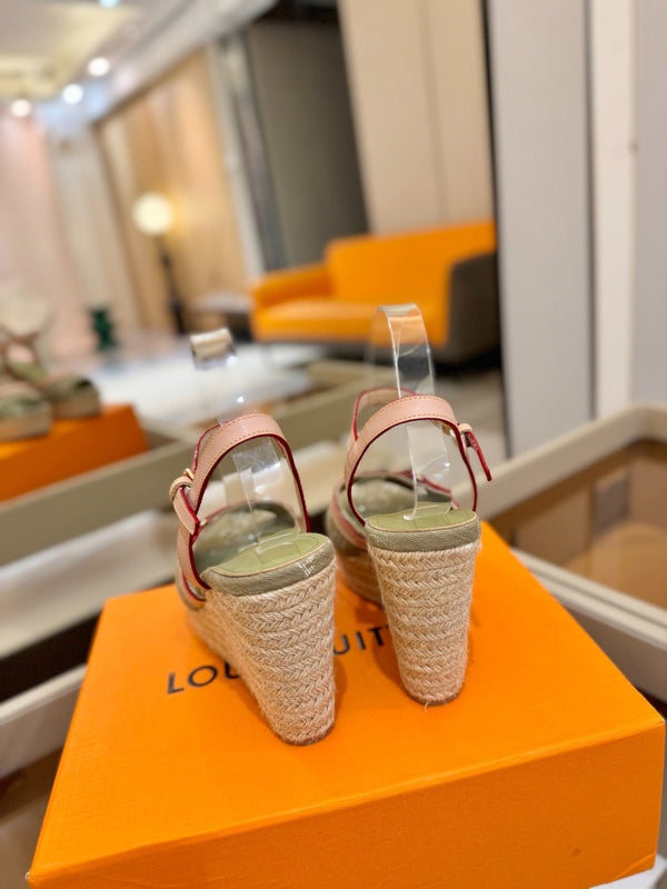 LV Helios Wedge Sandals Olive Green Monogram Denim & Leather 888645