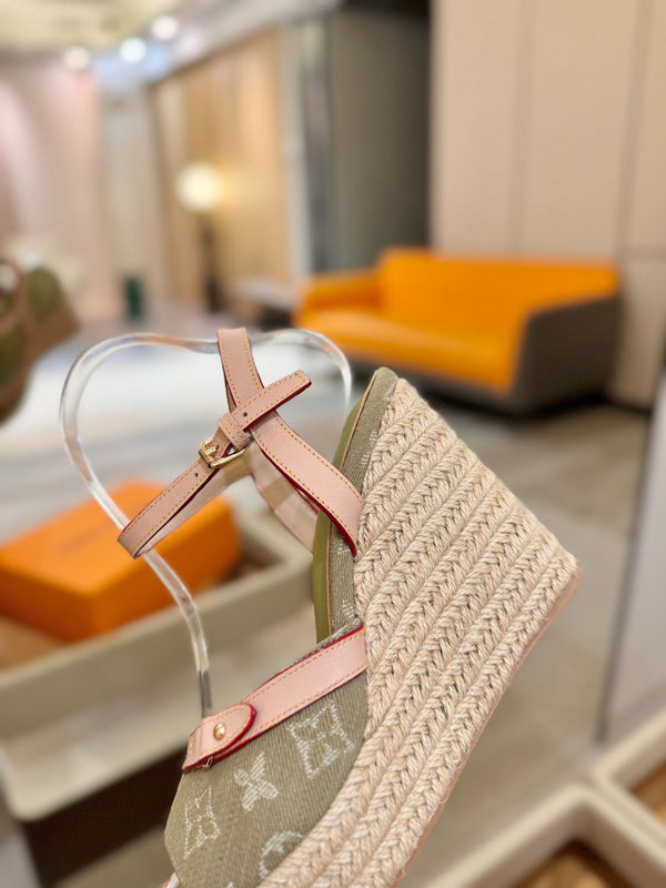 LV Helios Wedge Sandals Olive Green Monogram Denim & Leather 888645