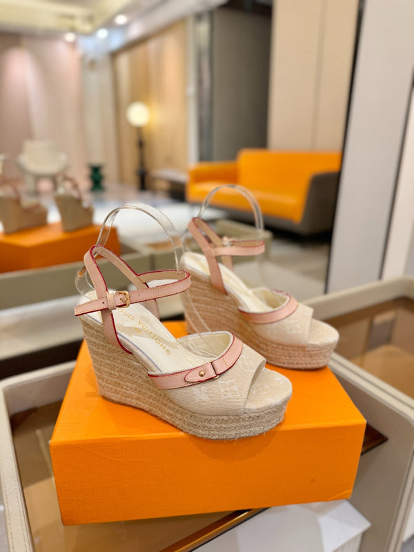 LV Helios Wedge Sandals Cream Monogram Denim & Leather 888644
